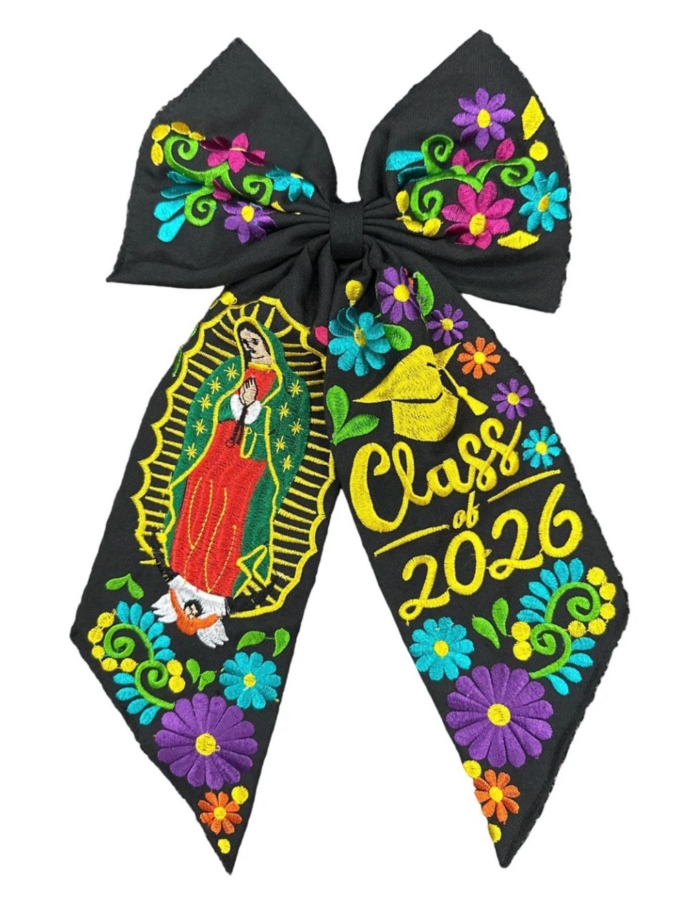 Virgen de Guadalupe Embroidered Black Graduation Bow - "Class of 2026"